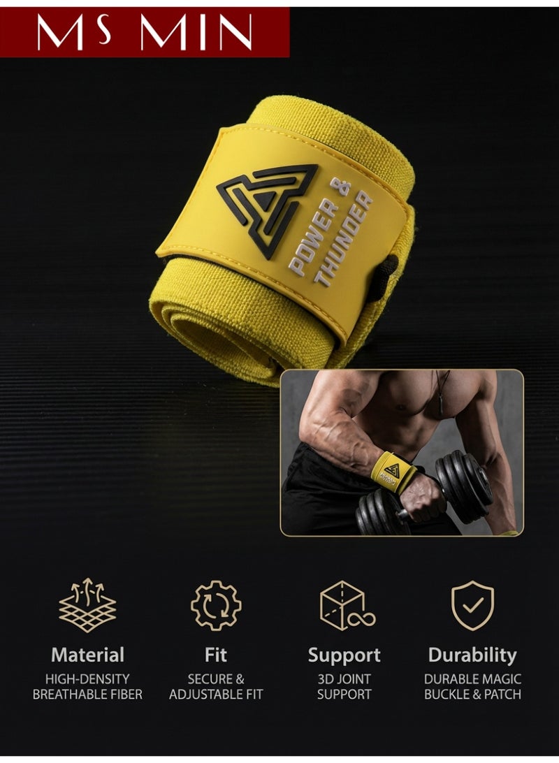 MS MIN Weightlifting Wrist Wraps for Gym Training, Adjustable Velcro Support – Yellow - Image 5